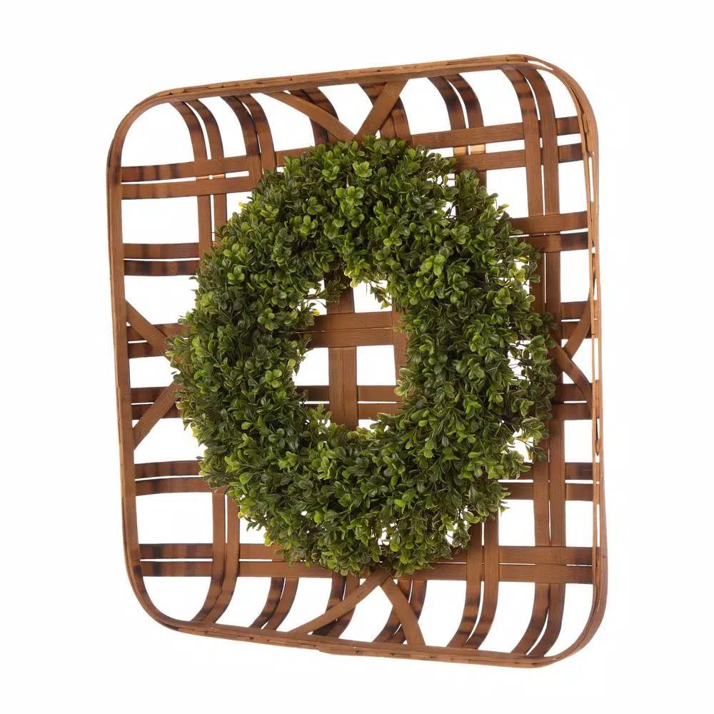 Glitzhome 18 in. Boxwood Wreath with 24 in. Bamboo Tobacco Basket Decor Set