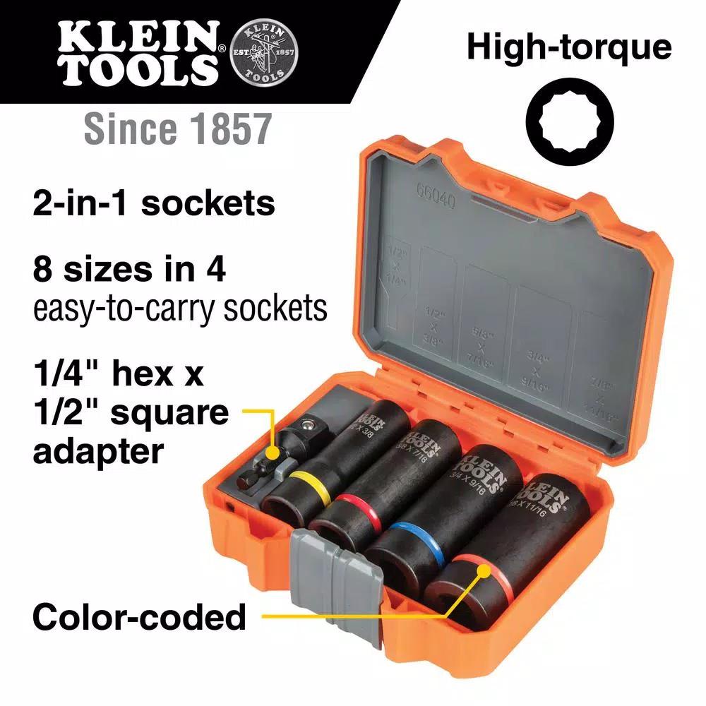 Klein Tools 2-In-1 Impact Socket Set, 5-Piece SAE Socket Set with 1/2 in. Drive and Adapter