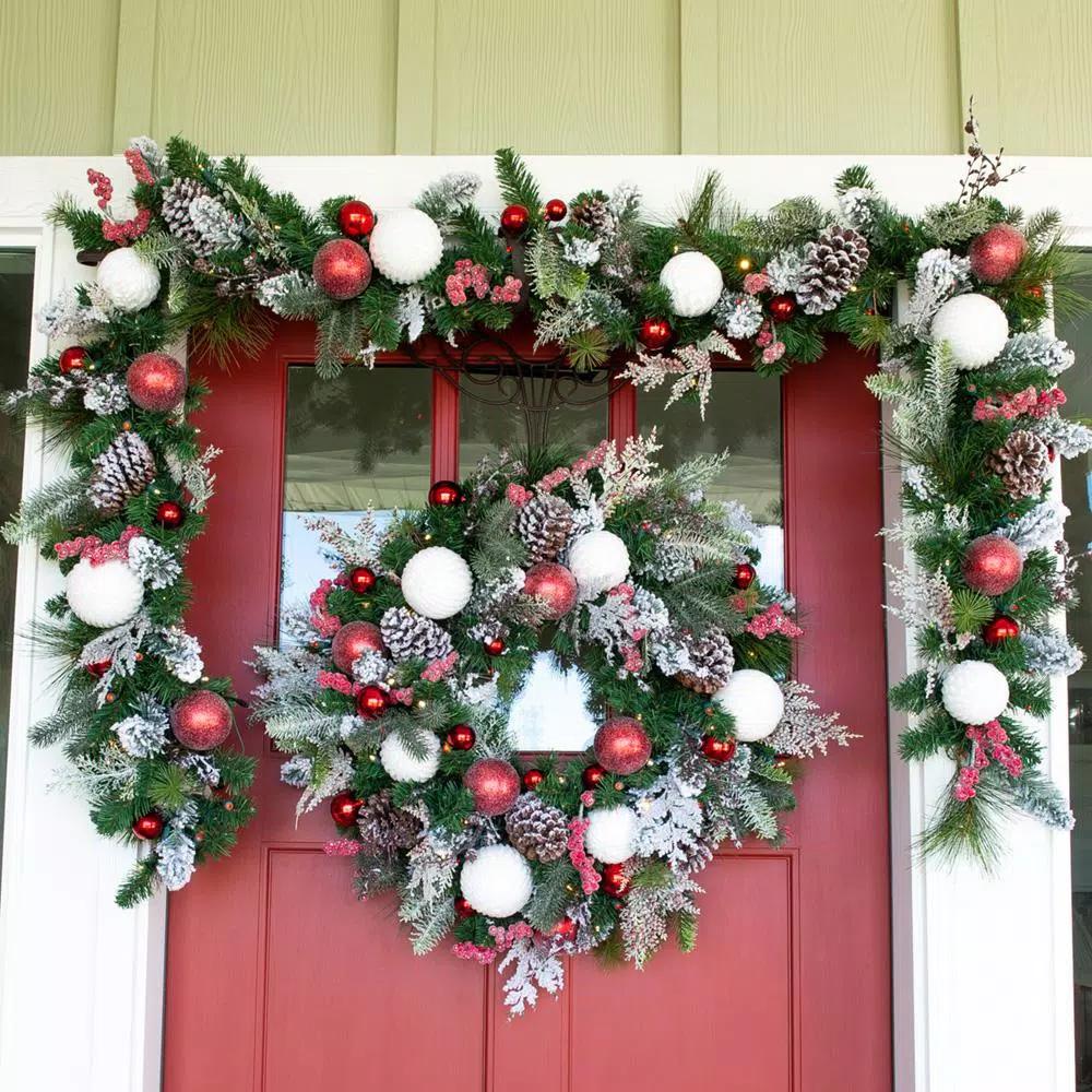 Village Lighting Company 30 in. Frosted Wonderland Pre-Lit LED Christmas Wreath - Red and White Candycane Design