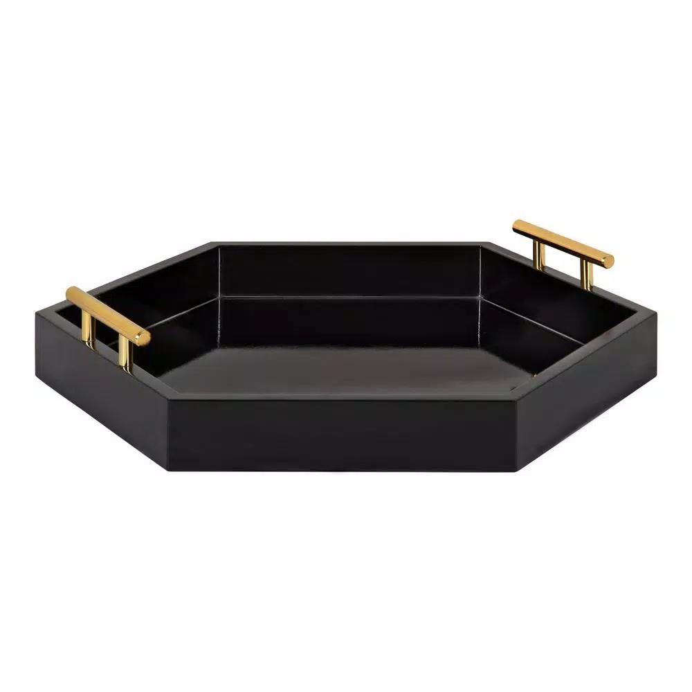 Kate and Laurel Lipton 18 in. Black and Gold Hexagon Decorative Serving Tray with Metal Handles