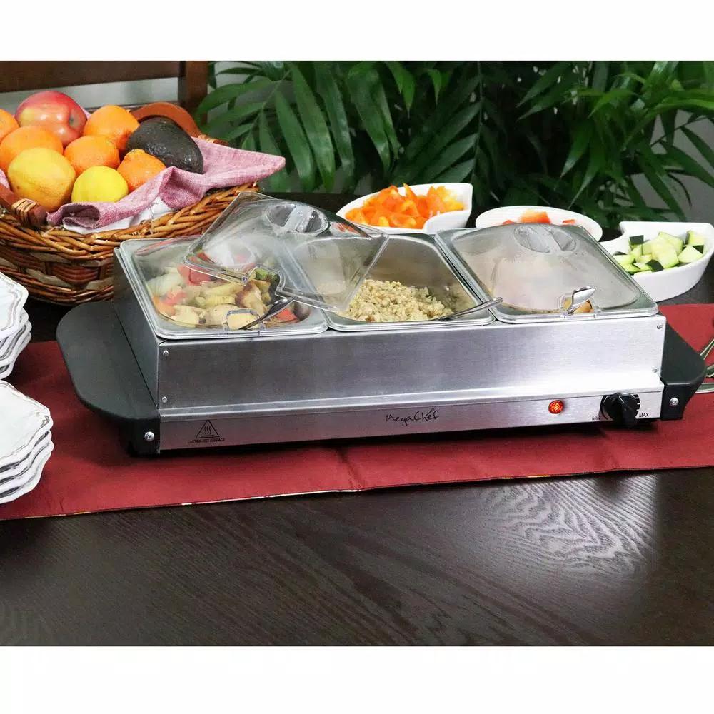 MegaChef 1.5L Stainless Steel Electric Buffet Server and Warming Tray with 3 Removable Crocks