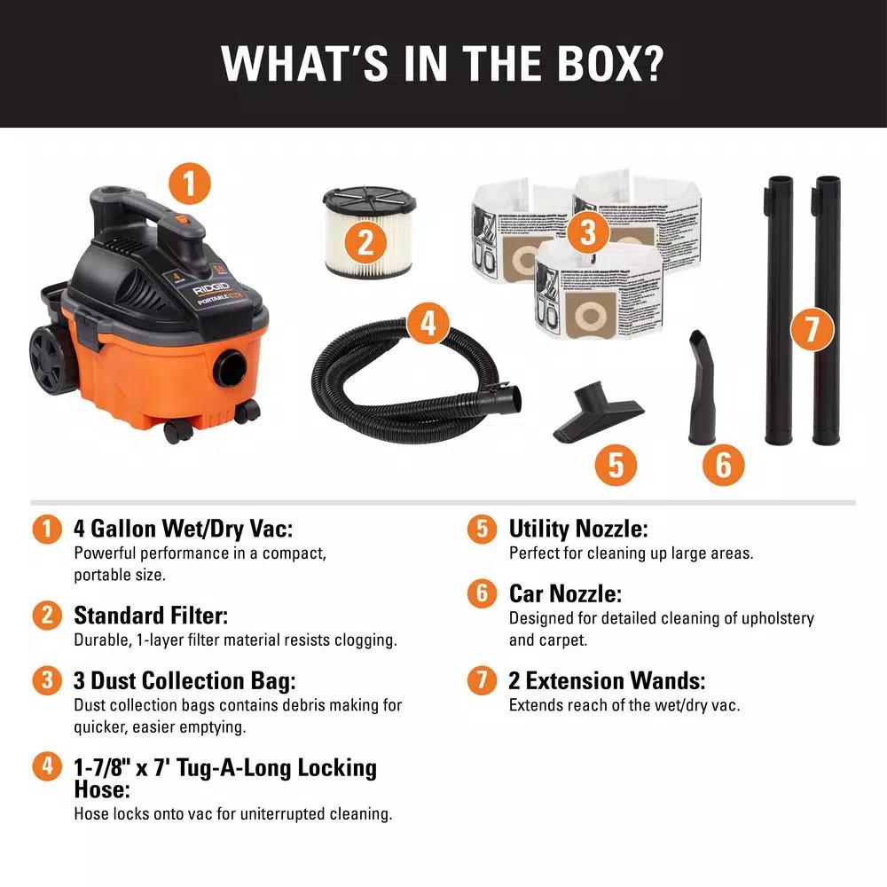 RIDGID 4 Gal. 5.0-Peak HP Portable Wet/Dry Shop Vacuum with Hose and Accessories