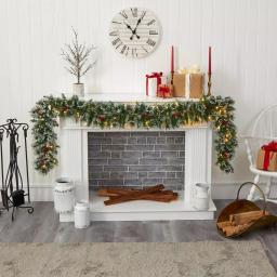 Nearly Natural 9 ft. Pre-lit Frosted Swiss Pine Artificial Garland with 50 LED Lights and Berries thumbnail 5