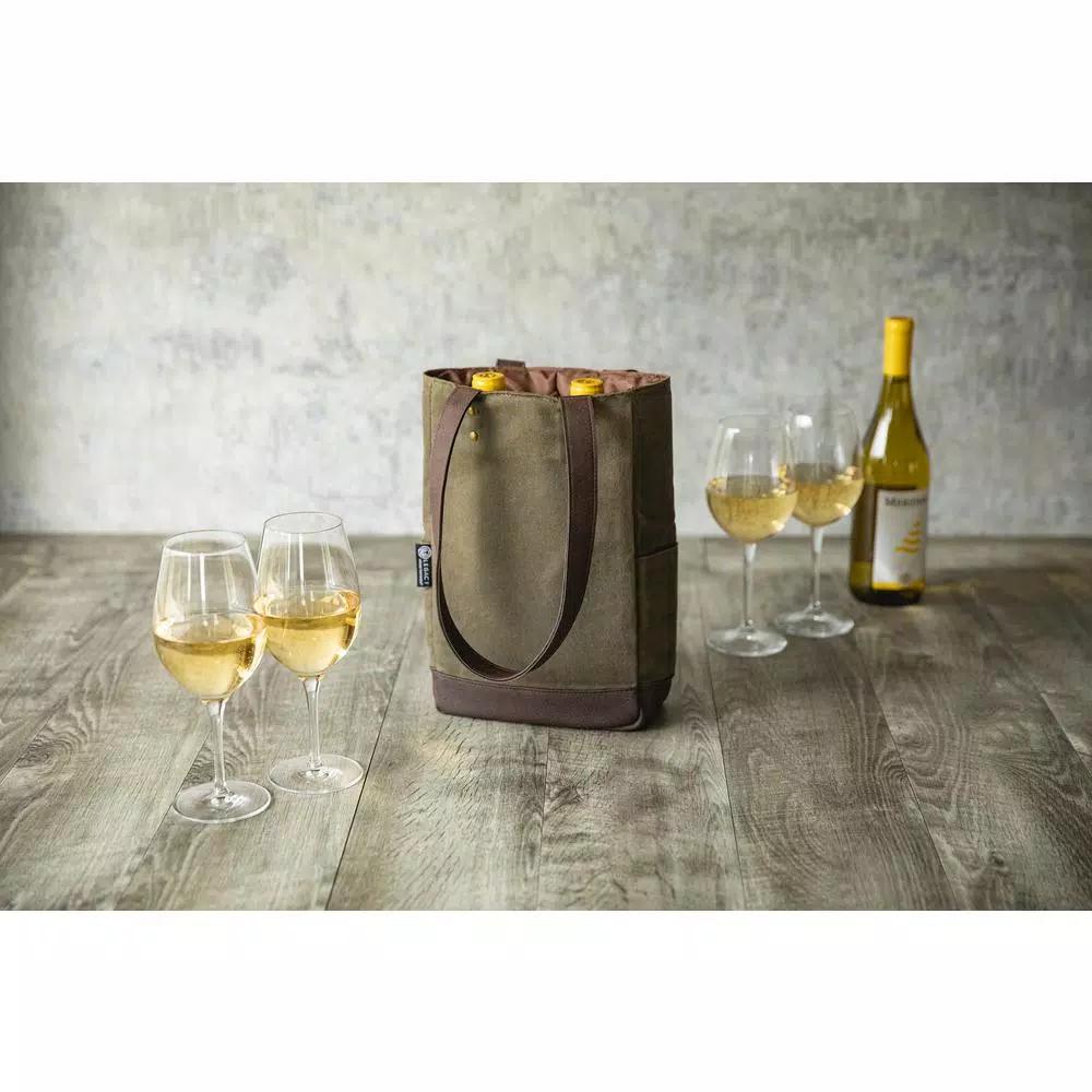 Picnic Time Khaki Green Waxed Canvas 2-Bottle Insulated Wine and Cheese Tote Bag