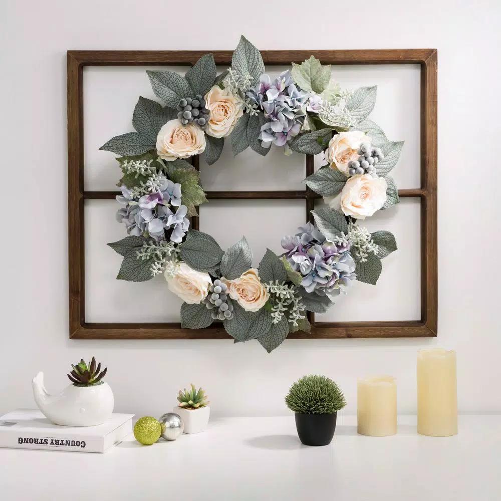 Glitzhome 22 in. Hydrangea Rose Wreath with 28 in. Wooden Window Frame Decor