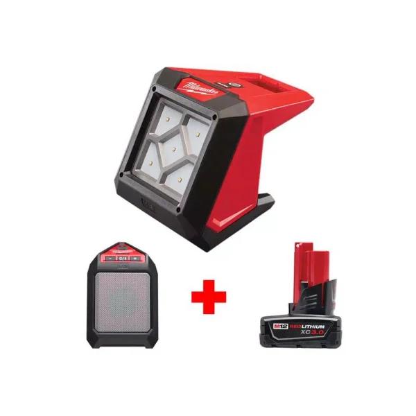 Milwaukee M12 ROVER 1000 Lumen LED Compact Flood Light & Bluetooth Jobsite Speaker Kit with 3.0 Ah Battery