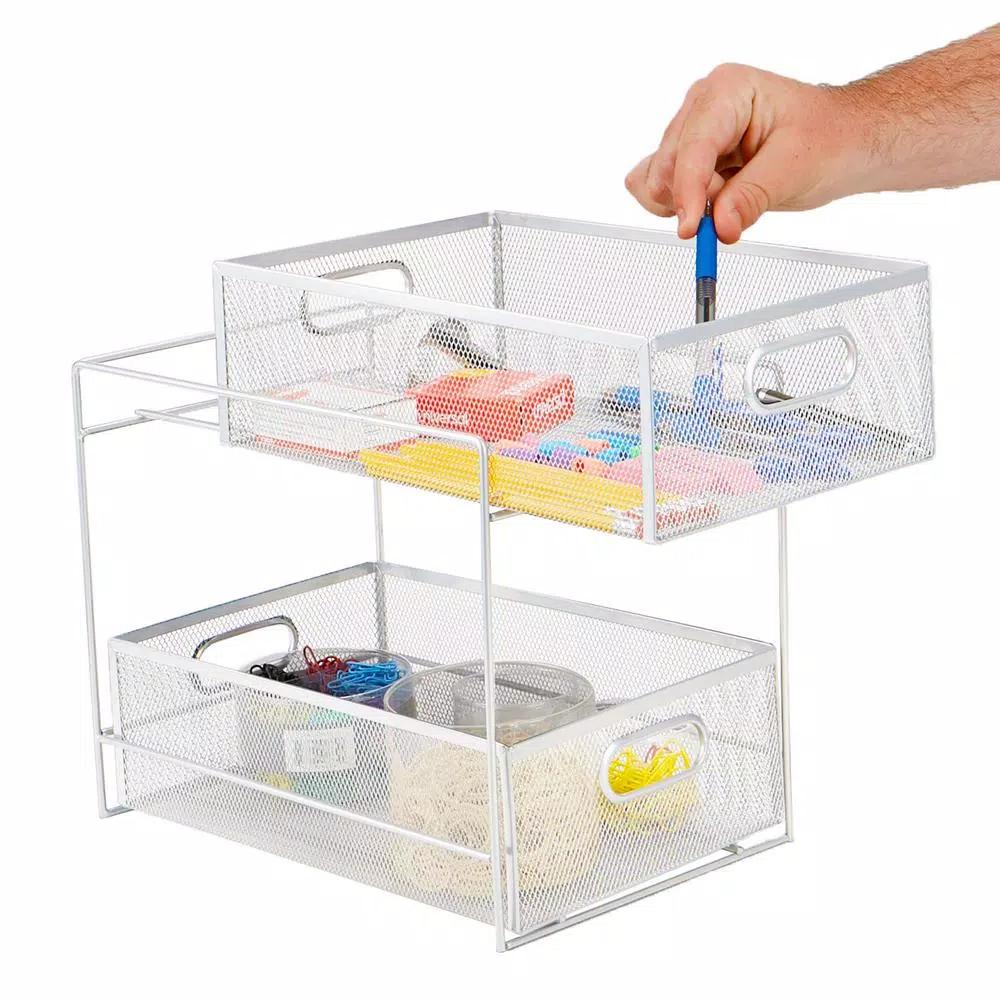 MIND READER 2-Tier Metal Mesh Utensil Caddy & Organizer, White