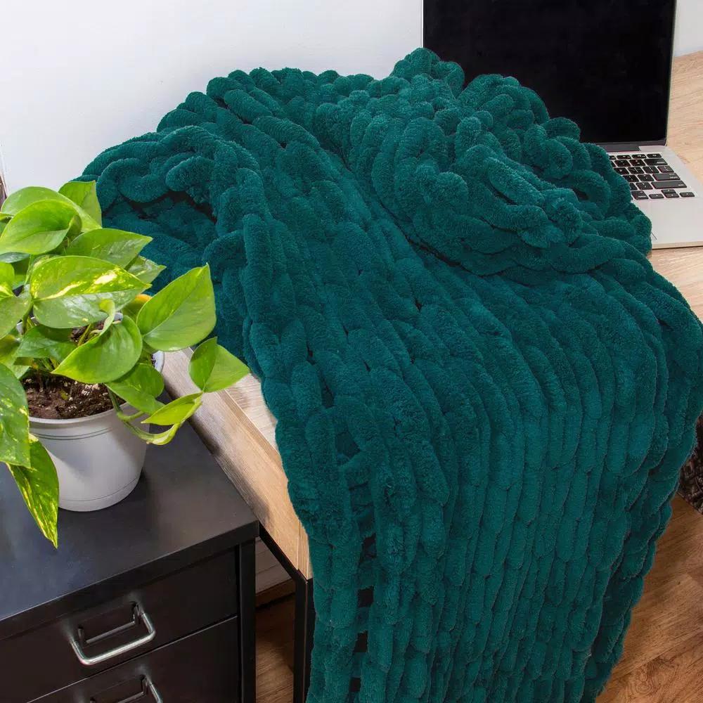 DONNA SHARP Peacock Chenille Chunk Knit Throw Blanket, 40 x 50 in, Modern Solid Style