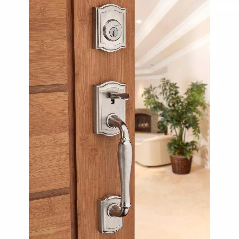 Baldwin Prestige Wesley Single Cylinder Satin Nickel Handleset with Arch Rose Carnaby Knob and SmartKey Security
