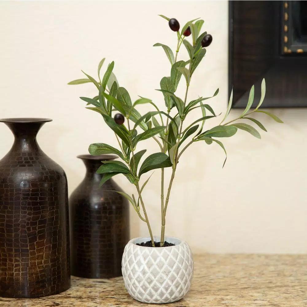 Flora Bunda 14 in. Faux Olive Branch in White Pineapple Pattern Cement Pot