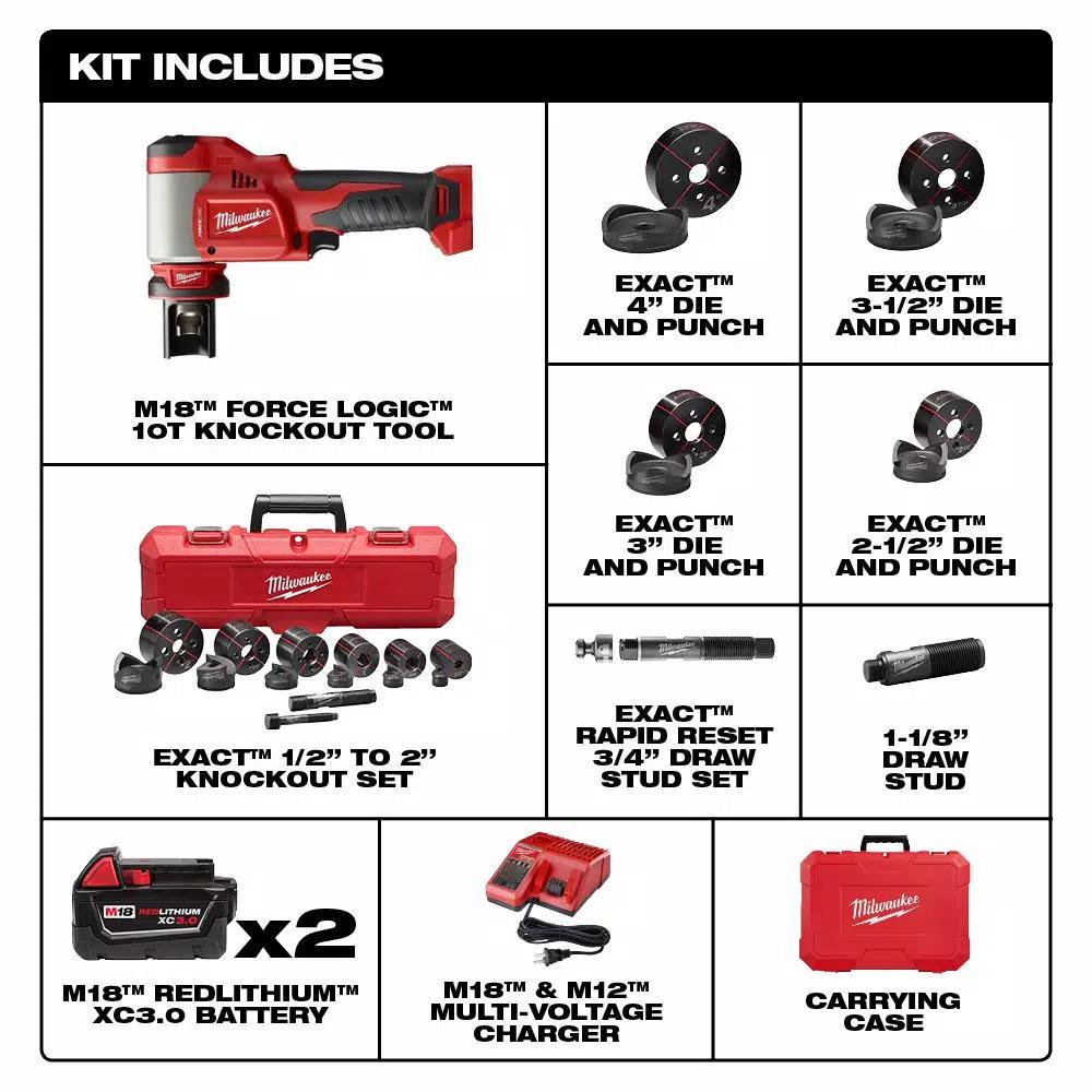 Milwaukee M18 FORCE LOGIC 10 Ton Knockout Tool Kit with Bonus Impact Driver and Step Bits