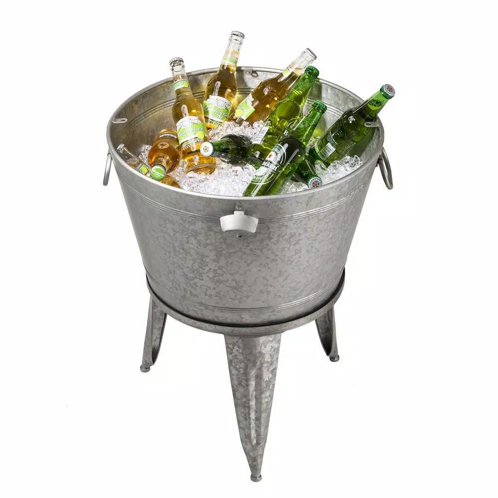 Glitzhome 26.29 in. Gray Galvanized Metal Beverage Tub with Firwood Lid and Metal Stand