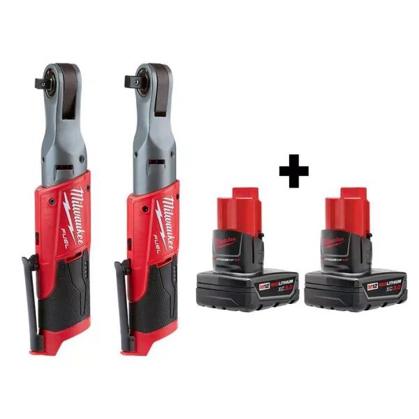 Milwaukee M12 FUEL 12V Lithium-Ion Brushless Cordless 3/8 in. and 1/2 in. Ratchet Kit with Two 3.0 Ah Batteries