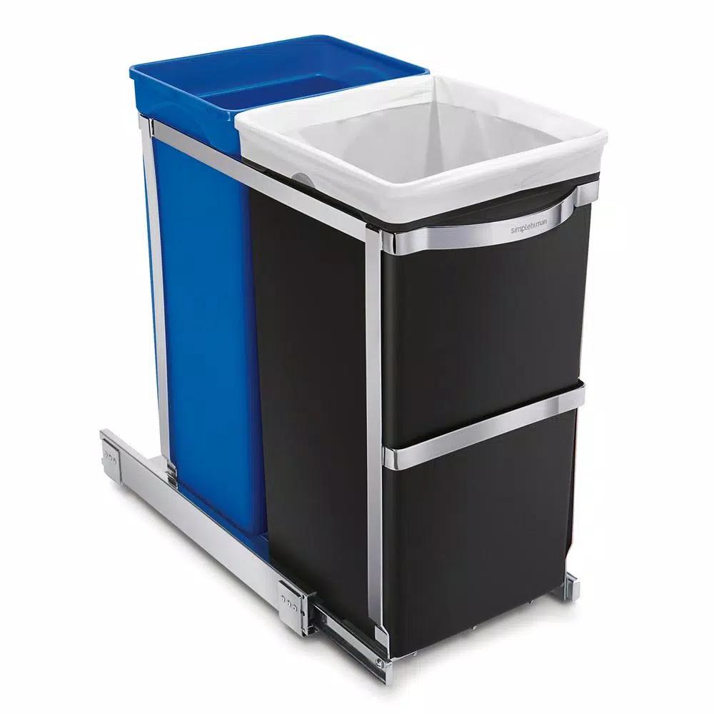 simplehuman 35-Liter Commercial-Grade Under-Counter Pull-Out Dual Recycling Trash Can, Stainless Steel