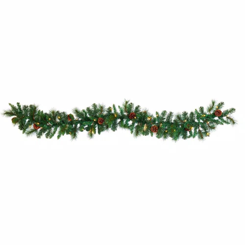 Nearly Natural 6 ft. Pre-lit Artificial Mixed Pine and Pinecone Garland with 35 Clear LED Lights