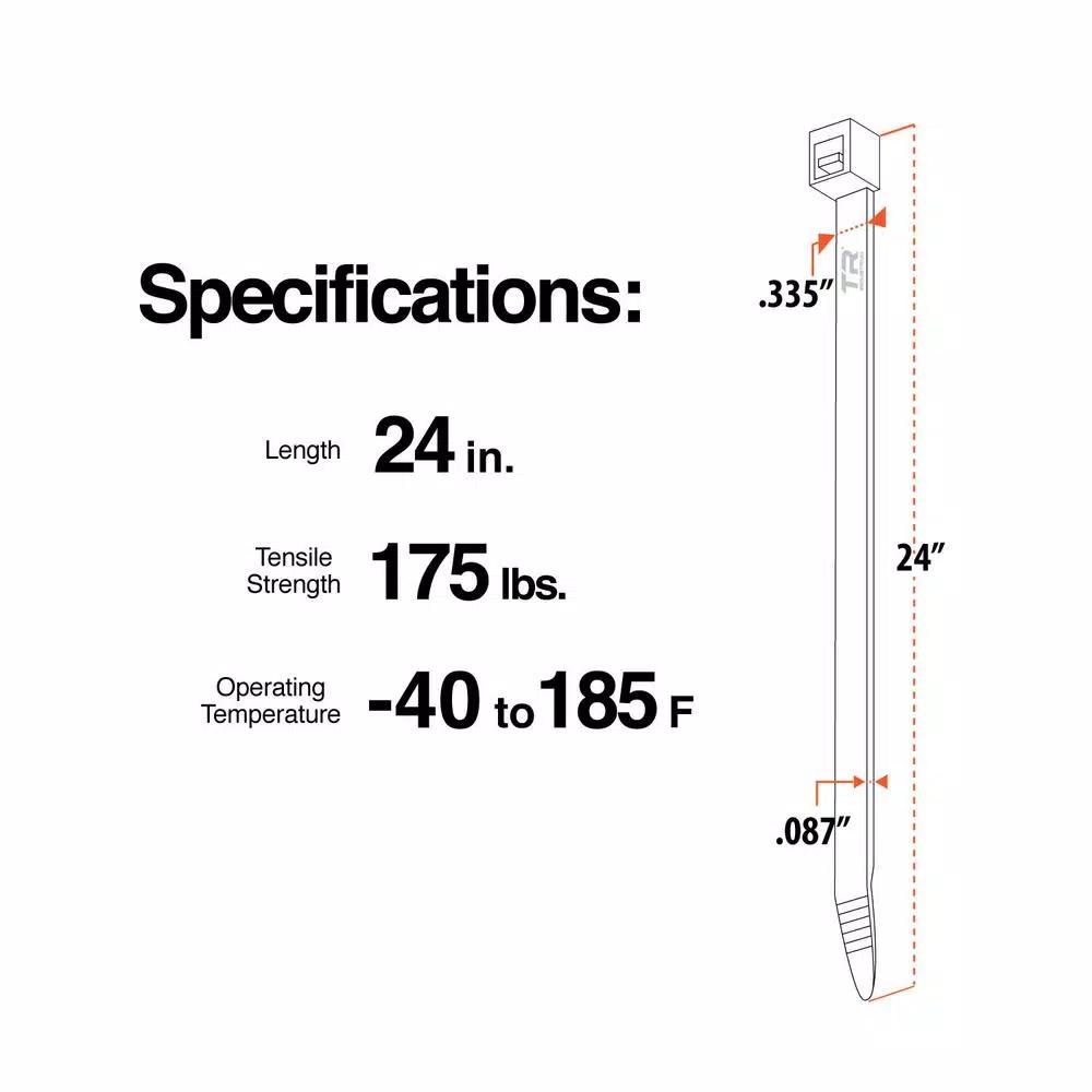 TR Industrial Contractor Series Type 21S UV Resistant Cable Ties, 24 in., 180 lb Tensile Strength