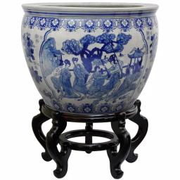 Unbranded Oriental Furniture 18 in. Blue and White Porcelain Fishbowl Planter thumbnail 2