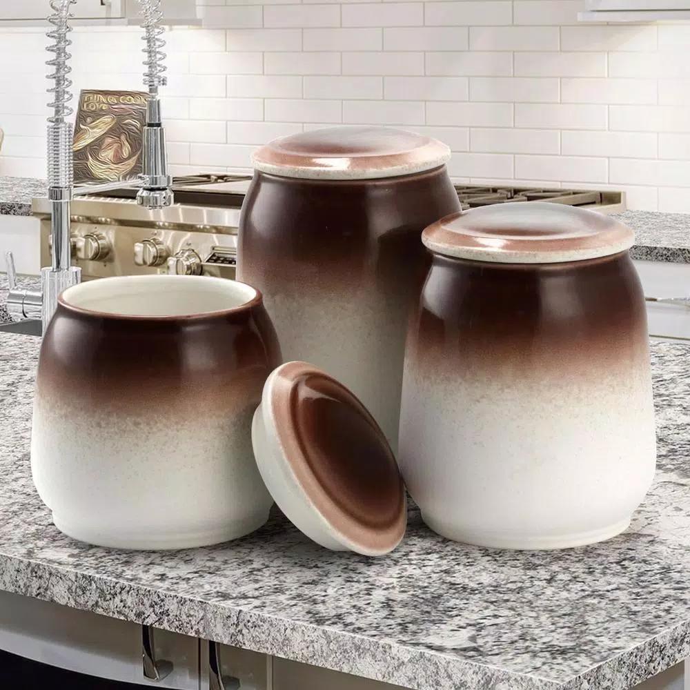 Elama Toasted Coconut 3-Piece Ceramic Kitchen Canister Set with Airtight Lids