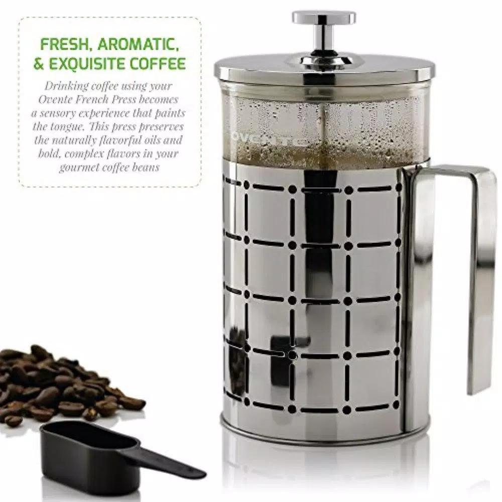 Ovente 3-Cup Silver Borosilicate Glass French Press Coffee and Tea Maker with Stainless Steel Shell