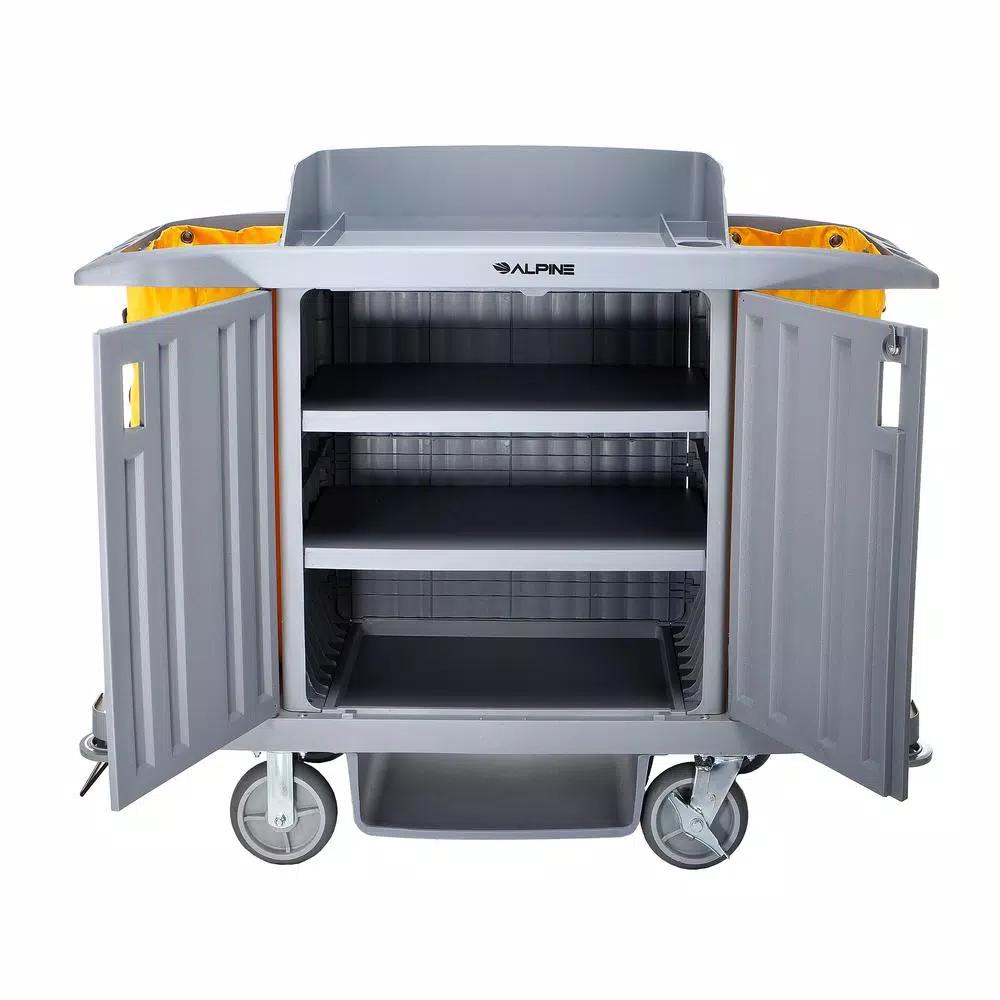 Alpine Industries 3-Shelf PVC Janitorial Cleaning Cart with 2 Yellow Vinyl Bags