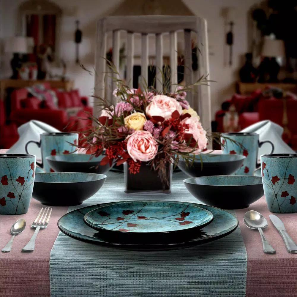 Elama Floral Accents 16-Piece Blue Stoneware Dinnerware Set, Service for 4