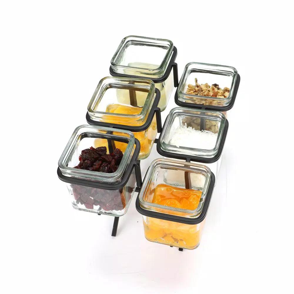 Mind Reader 6-Compartment Black Metal Condiment Server with 6 Removable 8 oz Glass Jars