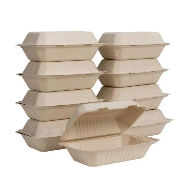 Unbranded 9 in. Natural Sugarcane Clamshell Containers, Biodegradable & Compostable (300 Pack)