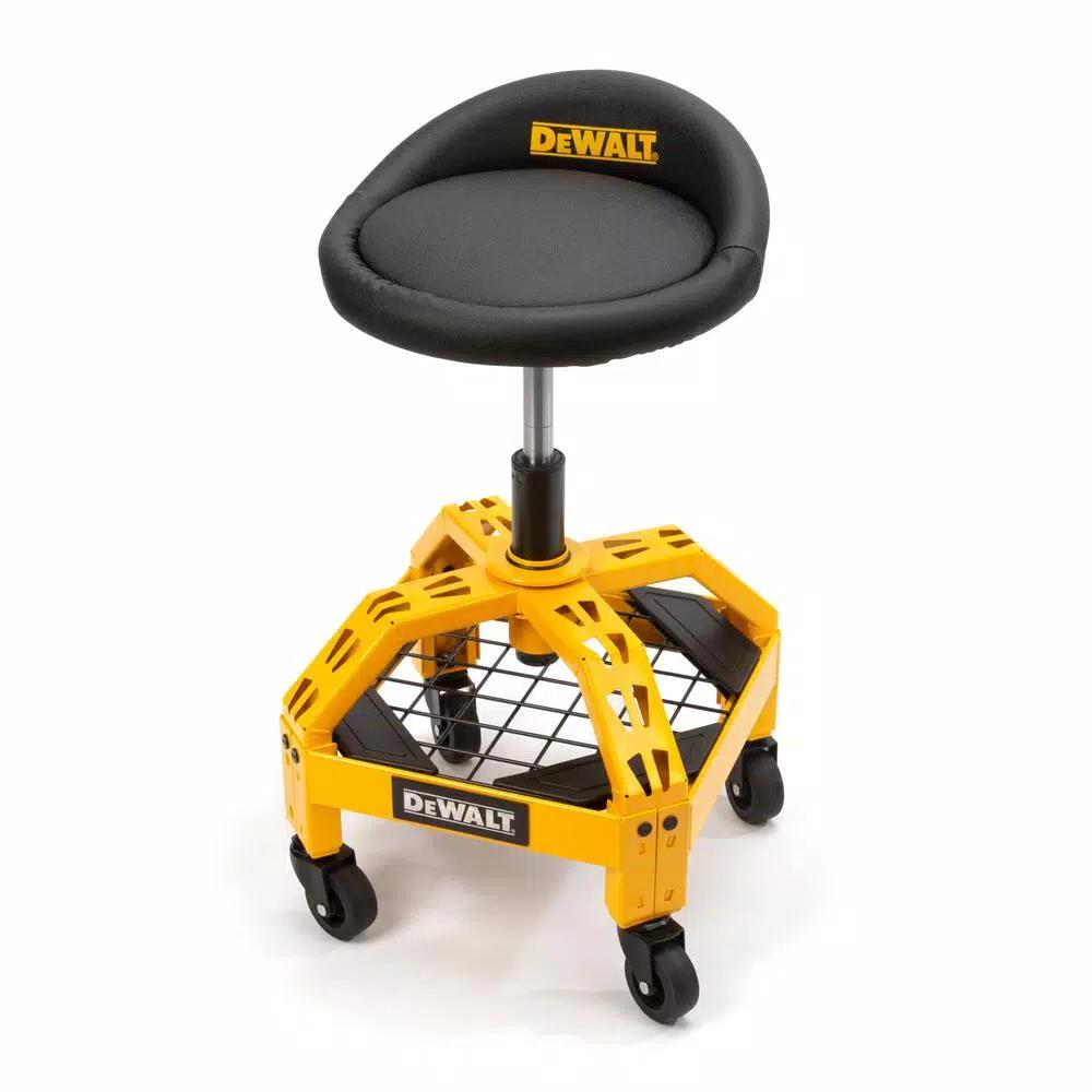 DEWALT Heavy-Duty Adjustable Shop Stool with Casters and Storage Shelf, 300 lb Capacity