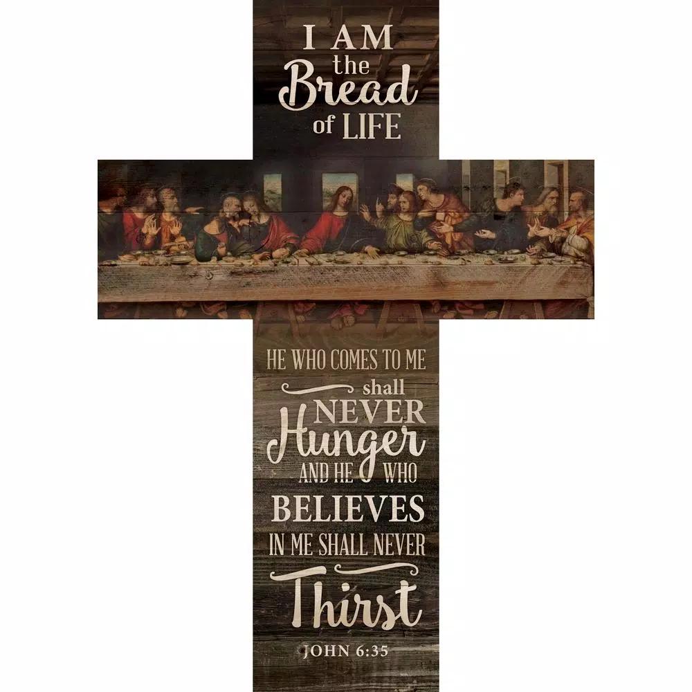P Graham Dunn I Am The Bread of Life Brown Pine Wood Cross Wall Decor - Farmhouse Style