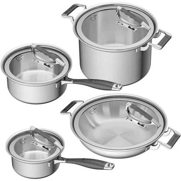 CookCraft by Candace 8-Piece Tri-Ply Stainless Steel Cookware Set with Patented Latch Lids