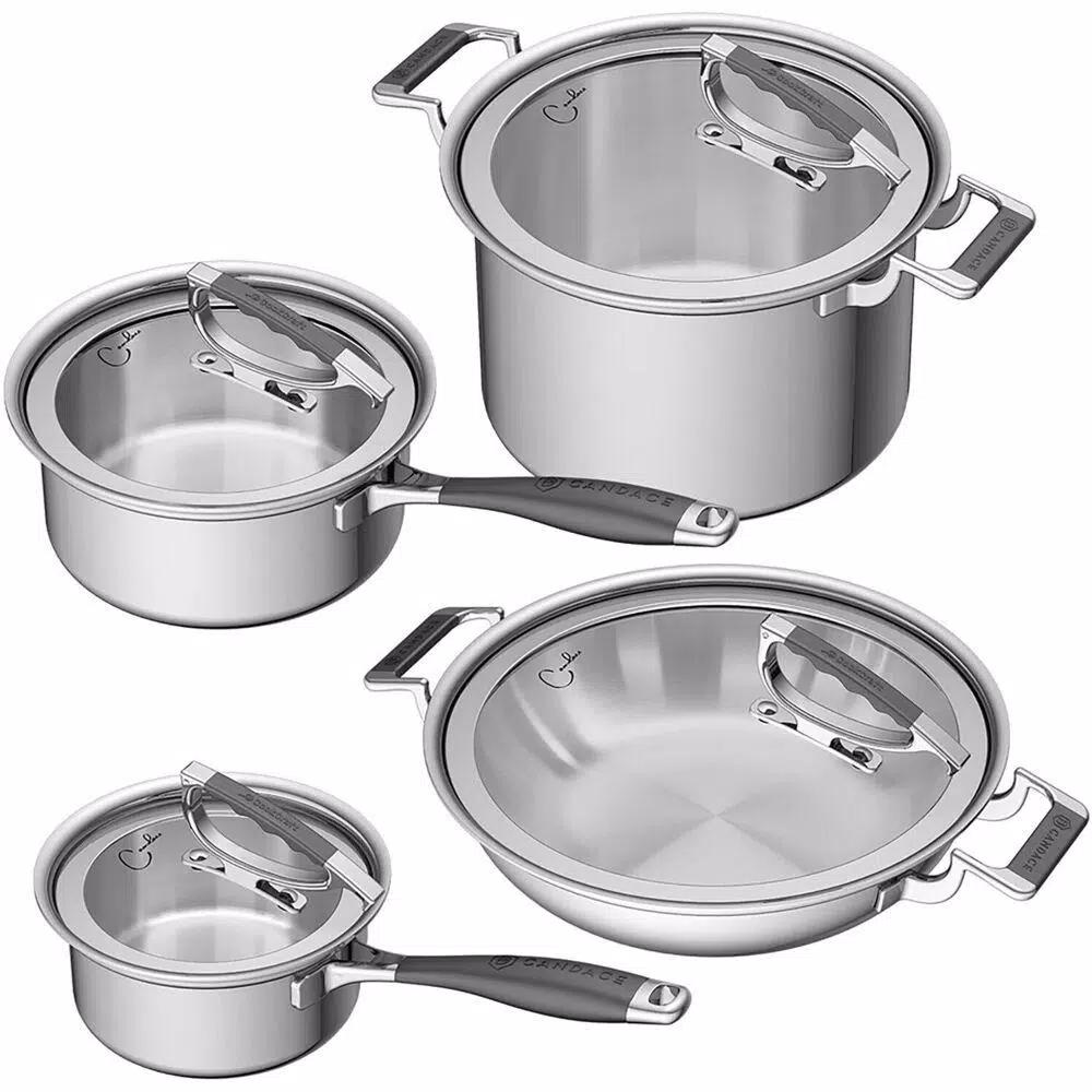 CookCraft by Candace 8-Piece Tri-Ply Stainless Steel Cookware Set with Patented Latch Lids