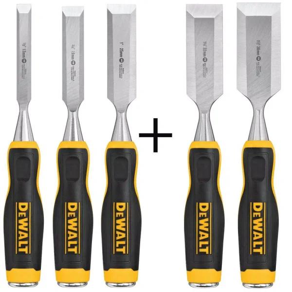 DEWALT DWHT 3-Piece Wood Chisel Set with Bonus 1-1/4 in. and 1-1/2 in. Chisels