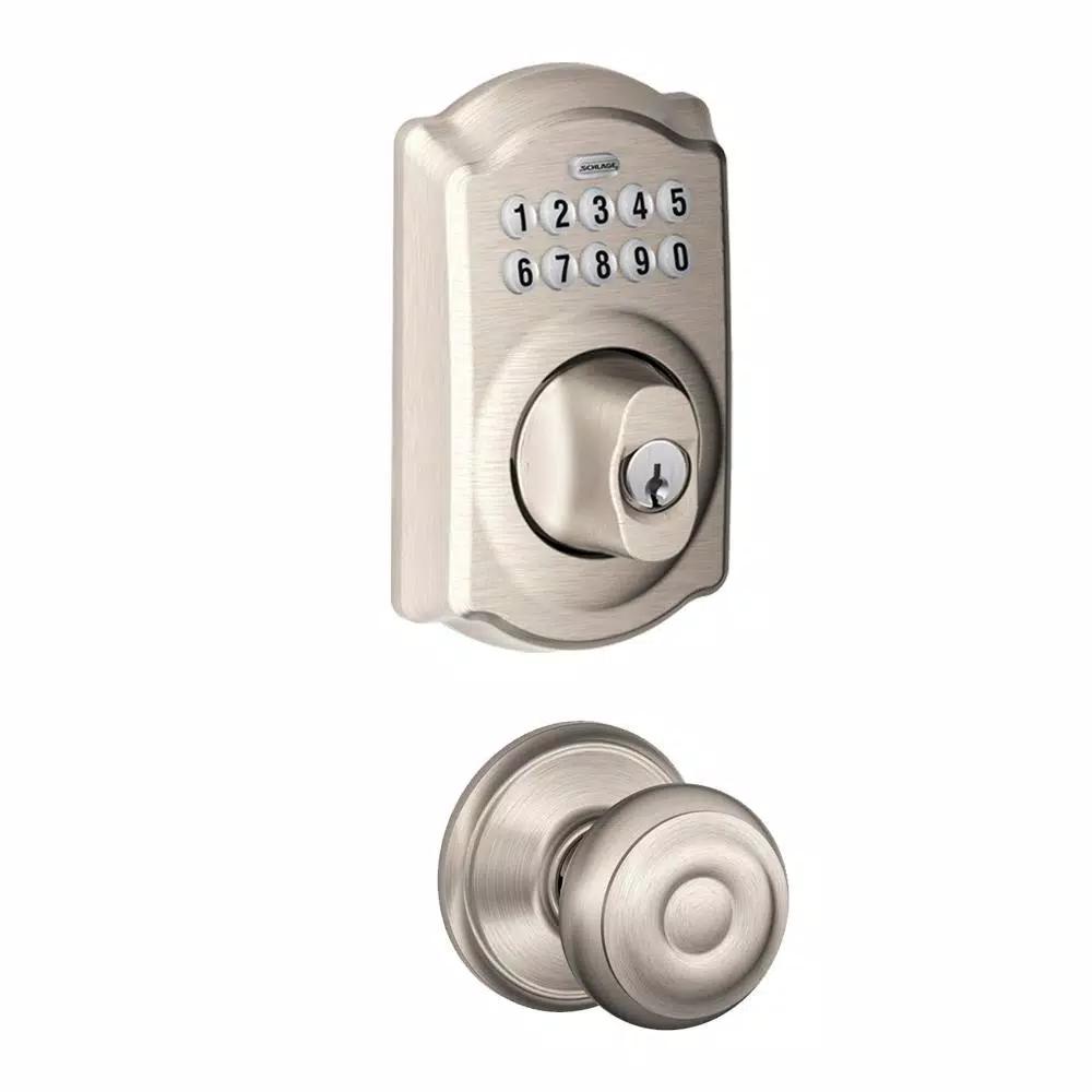 Schlage Camelot Satin Nickel Keypad Electronic Deadbolt and Georgian Knob Set