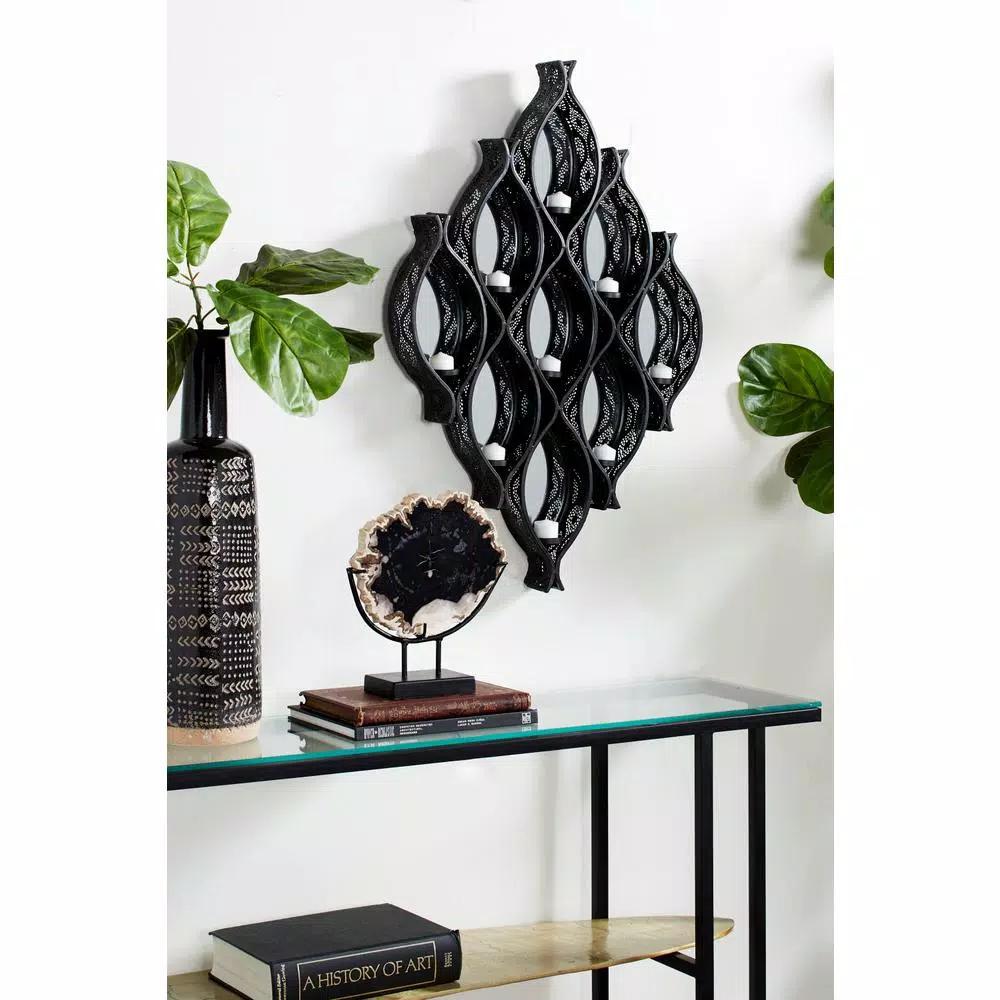 LITTON LANE Eclectic Large Black Diamond Mesh Metal Wall Sconce with Mirror Inlays