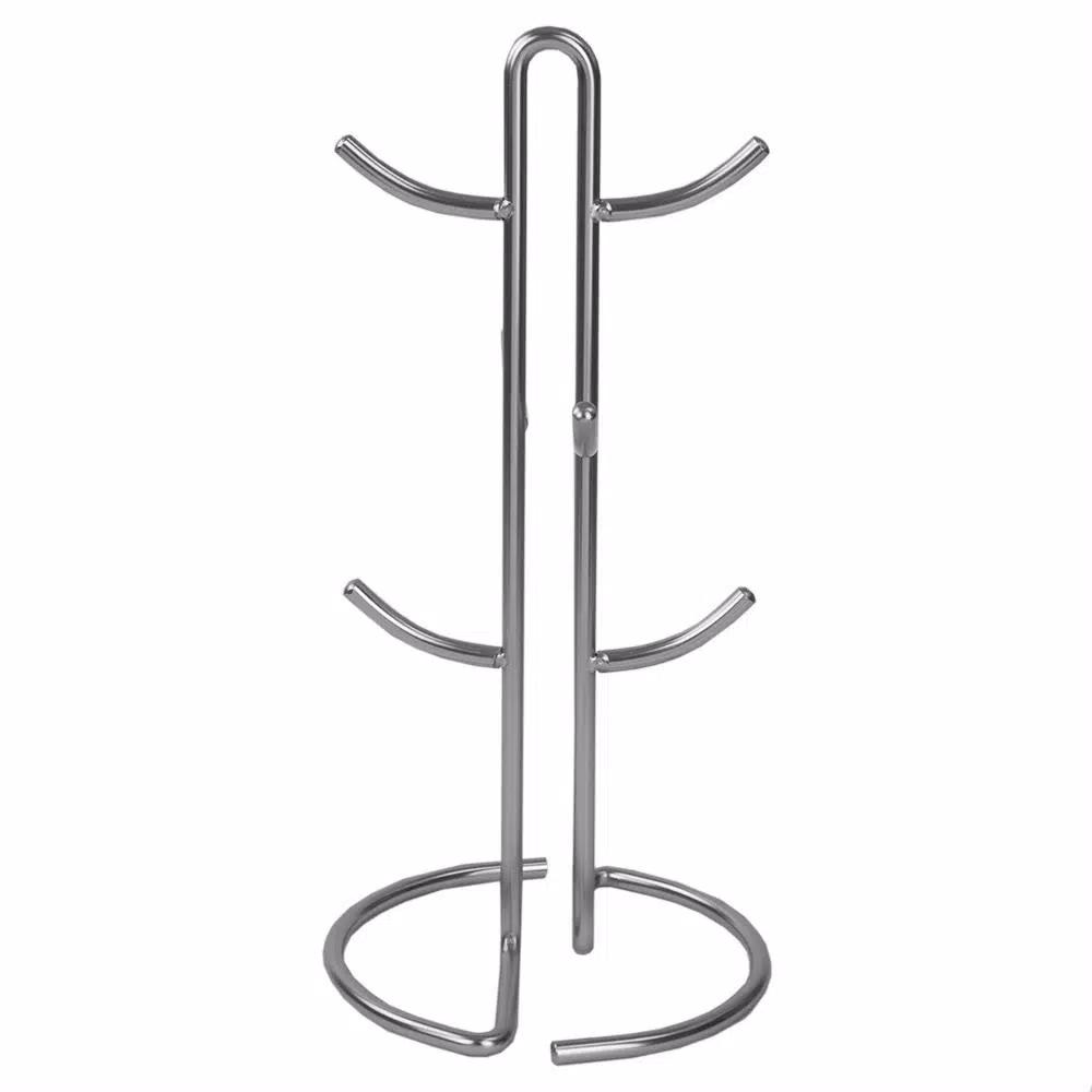 Home Basics Satin Nickel Metal Mug Tree Holder - 6 Hook Coffee and Tea Cup Display Rack