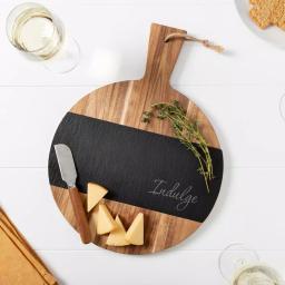 Cathy's Concepts Indulge Round Acacia Wood and Natural Slate Serving Board with Cheese Knife thumbnail 2