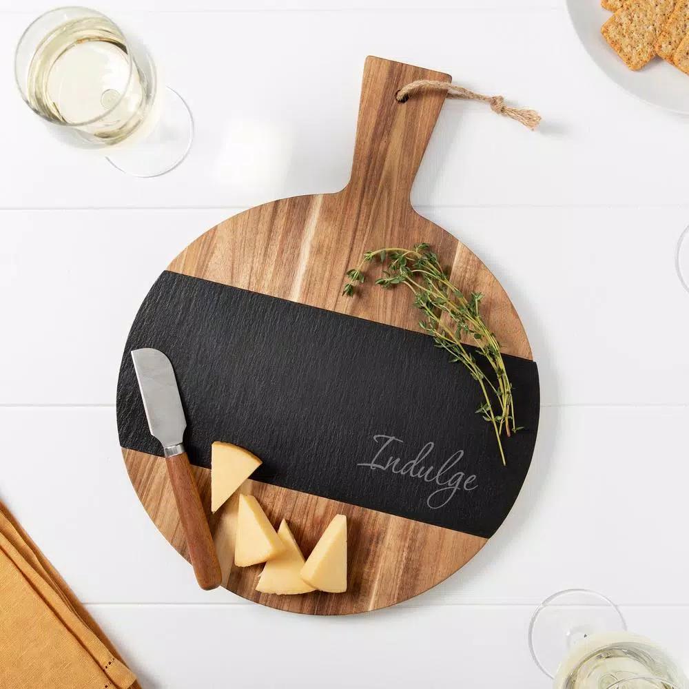 Cathy's Concepts Indulge Round Acacia Wood and Natural Slate Serving Board with Cheese Knife