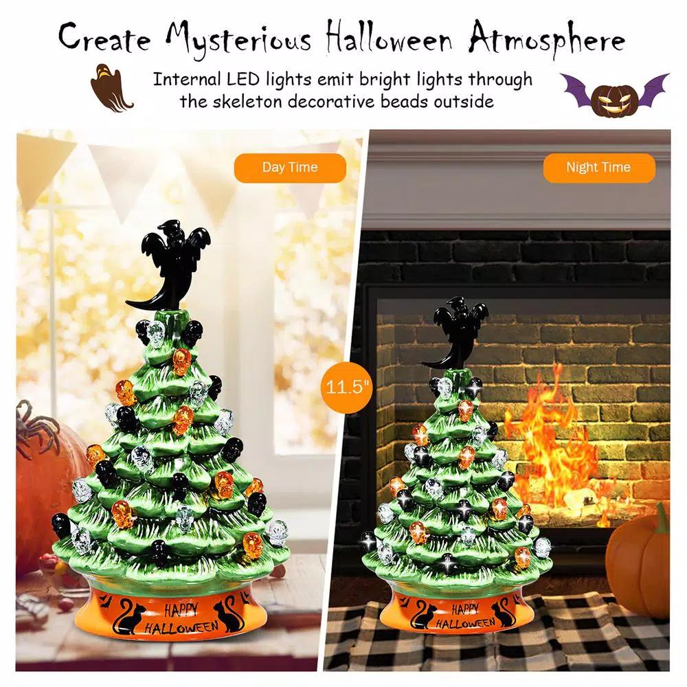 Costway 11.5 in. Green Ceramic LED Haunted Halloween Tree with Ghost and Skeleton Accents