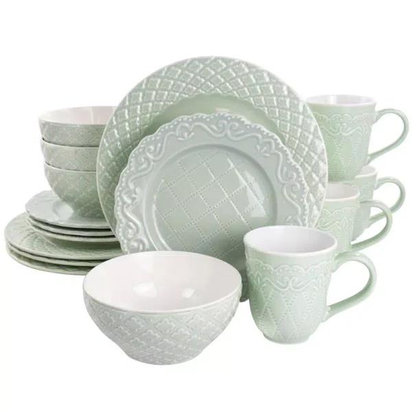 Gibson Home Quilted Eyelet 16-Piece Fine Ceramic Dinnerware Set, Light Grey, Service for 4