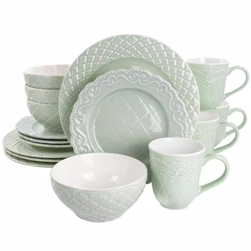 Gibson Home Quilted Eyelet 16-Piece Fine Ceramic Dinnerware Set, Light Grey, Service for 4