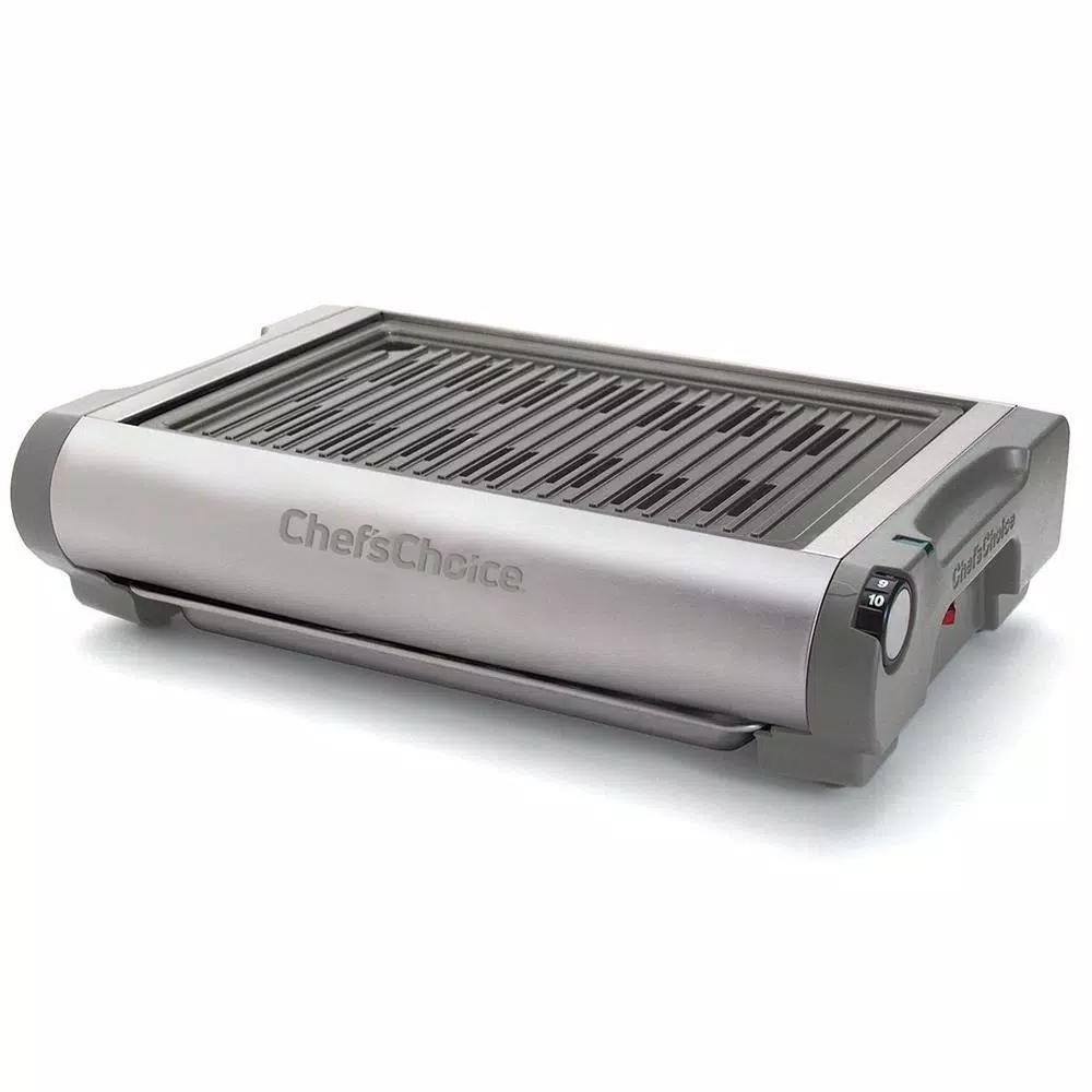 Chef'sChoice 1500W Indoor Electric Countertop Grill with Removable Nonstick Cast Aluminum Plate and Drip Tray, Silver