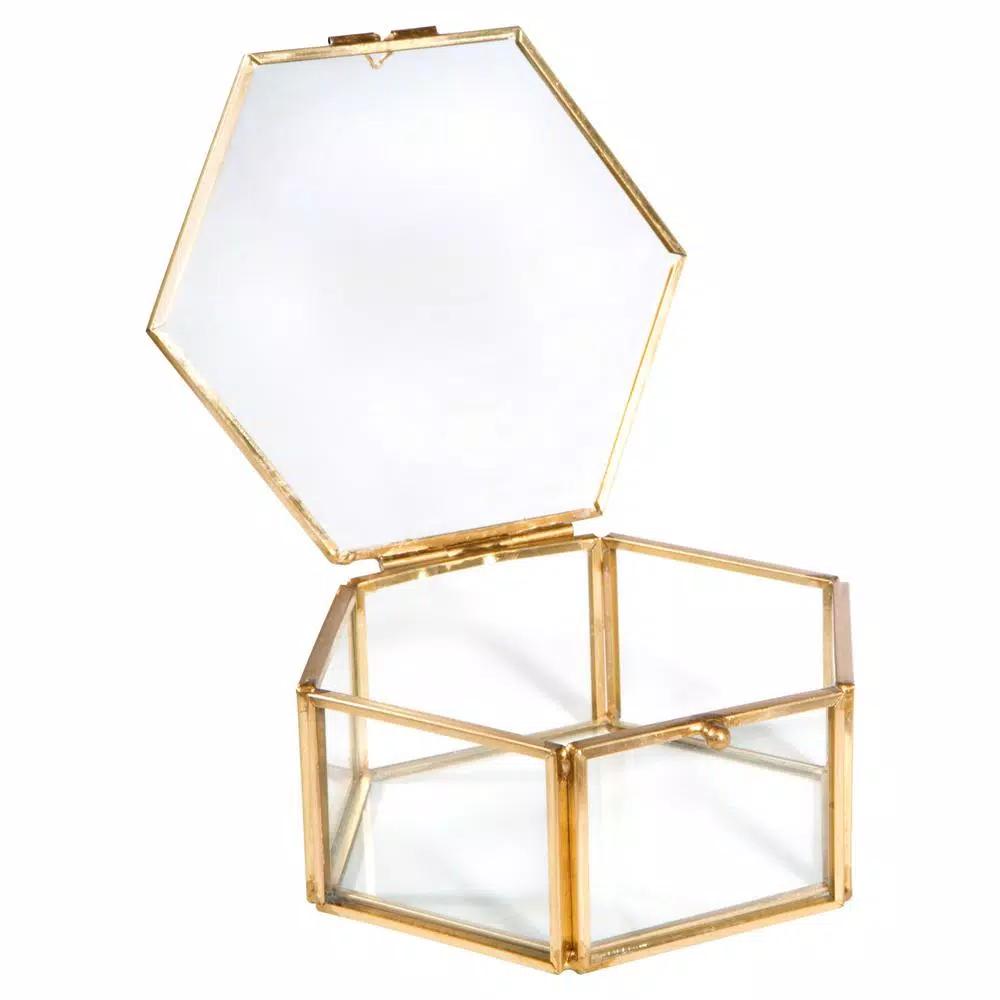 Home Details Vintage Gold Hexagon Glass Keepsake Box
