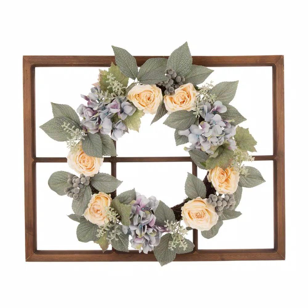 Glitzhome 22 in. Hydrangea Rose Wreath with 28 in. Wooden Window Frame Decor