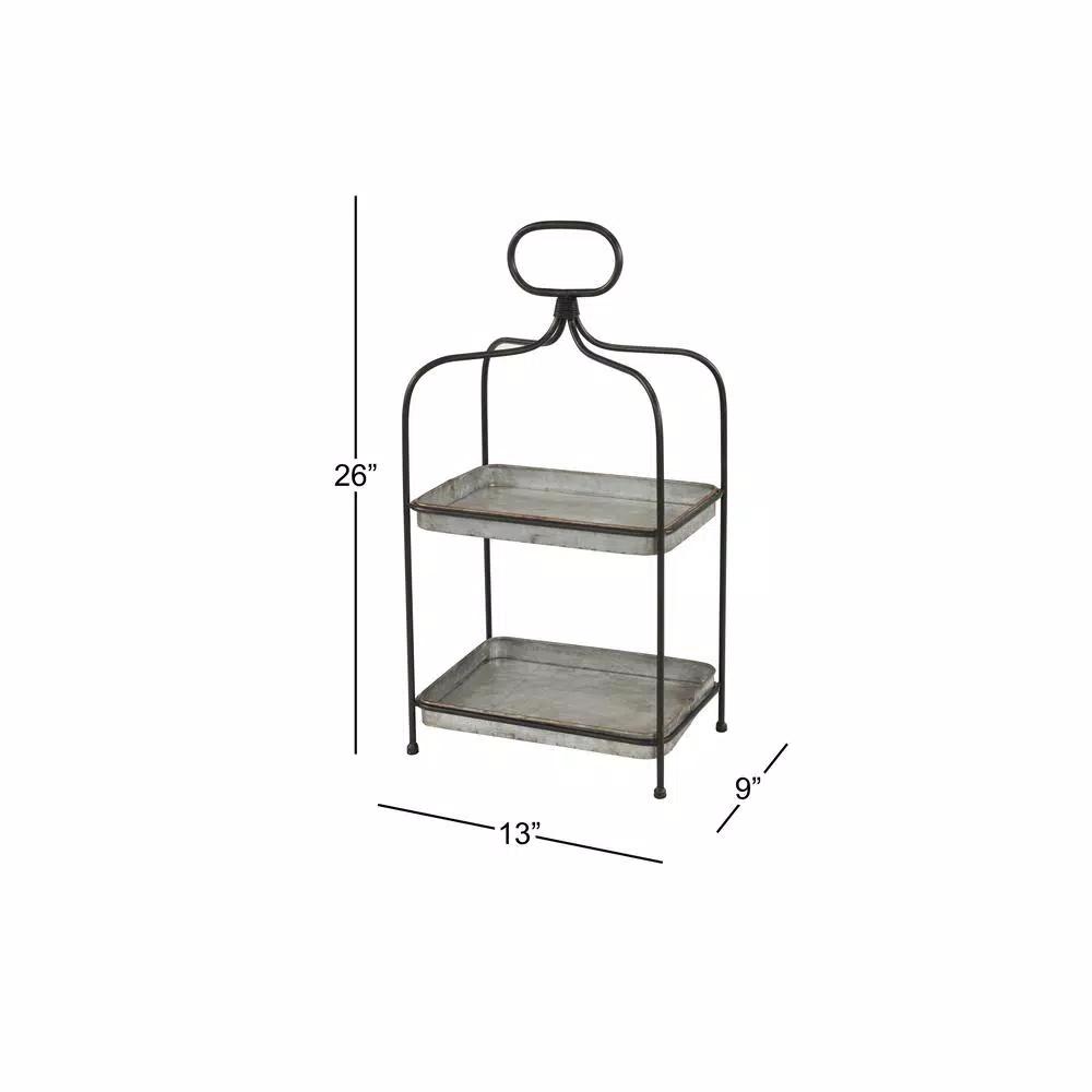 LITTON LANE Large 2-Tier Rectangular Metal Serving Tray with Handle - Black and Silver Farmhouse Decor