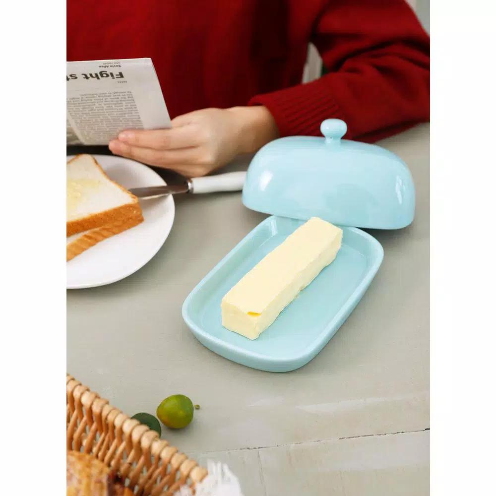 Sweese Porcelain Butter Dish with Lid - Turquoise, Modern Round Style