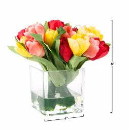Pure Garden 8 in. Multicolor Tulip Artificial Floral Arrangement in Glass Vase thumbnail 6