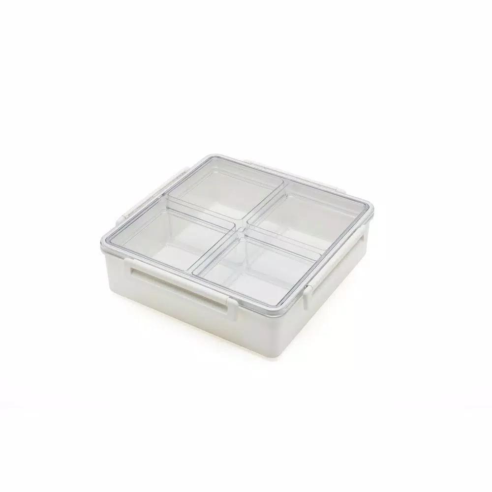 Lustroware Lusroware Modular Plastic Serving Tray with Lids, Rectangular Food Organizer, White