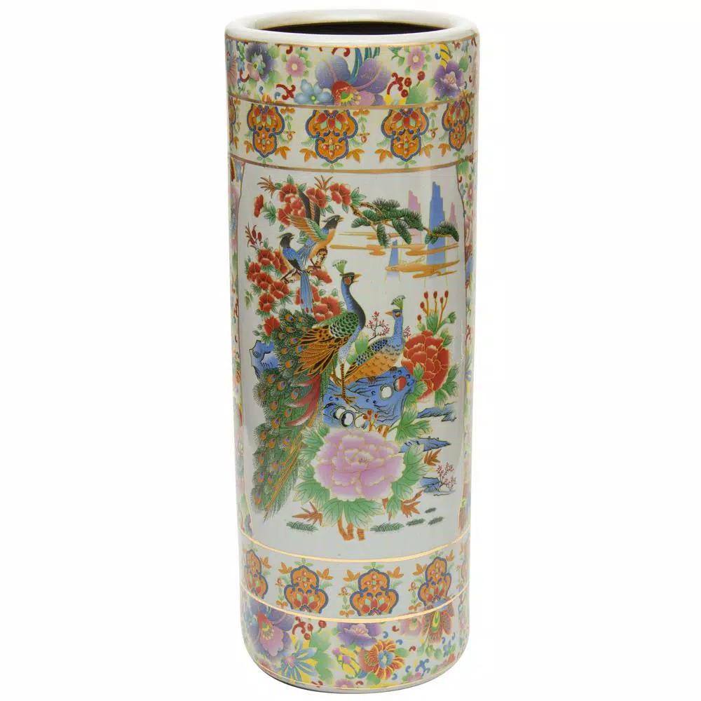 Unbranded Oriental Furniture 24 in. White Satsuma Porcelain Umbrella Stand & Floor Vase with Peacock Design