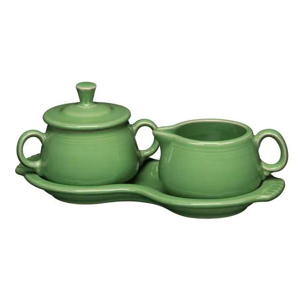 Fiesta Meadow Ceramic Sugar and Creamer Set with Serving Tray, Green