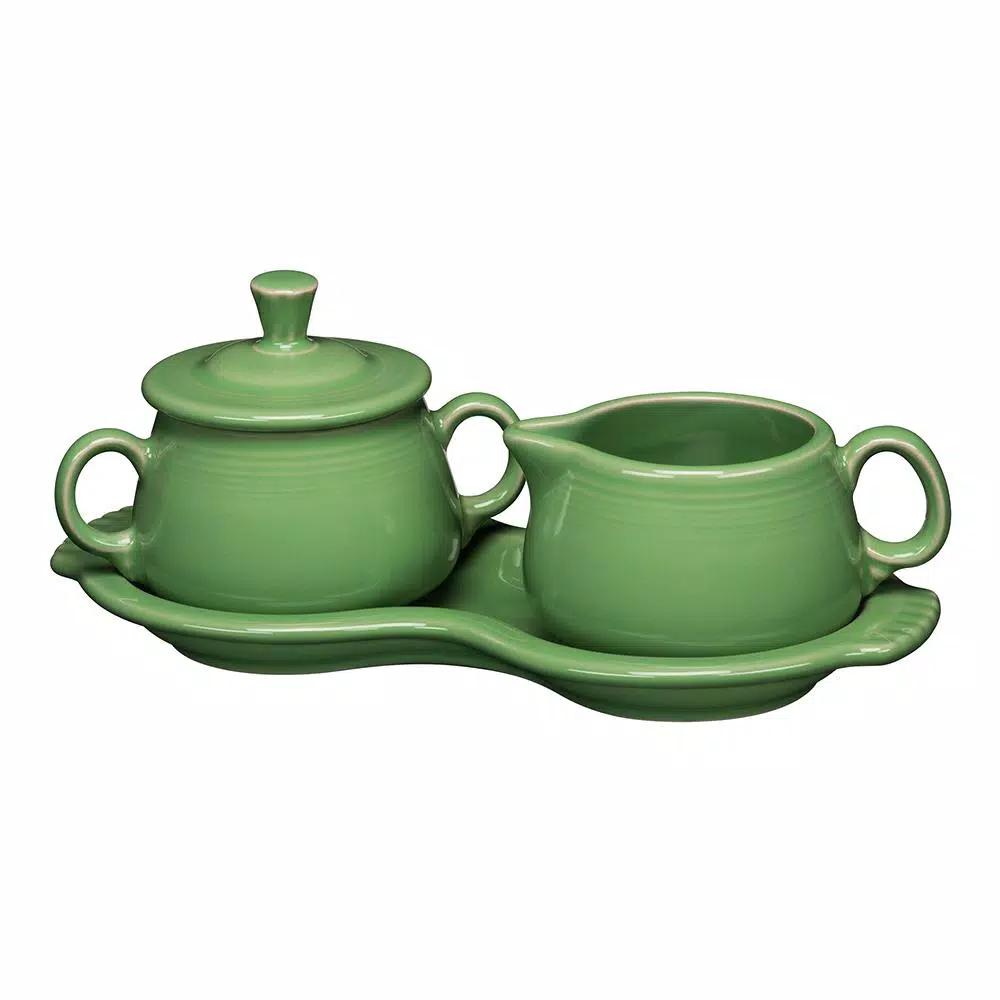 Fiesta Meadow Ceramic Sugar and Creamer Set with Serving Tray, Green